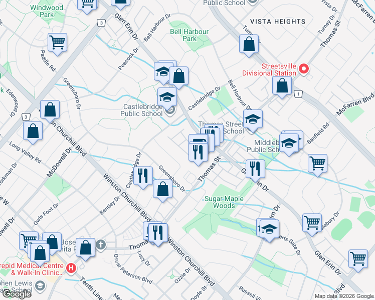 map of restaurants, bars, coffee shops, grocery stores, and more near 5658 Glen Erin Drive in Mississauga