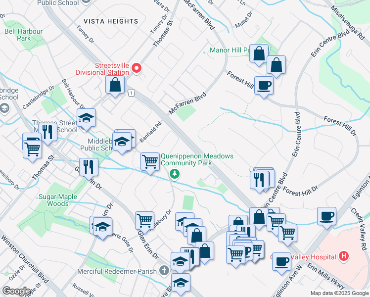 map of restaurants, bars, coffee shops, grocery stores, and more near 2517 Dinning Court in Mississauga