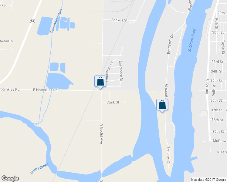 map of restaurants, bars, coffee shops, grocery stores, and more near 3540 East Hotchkiss Road in Bay City