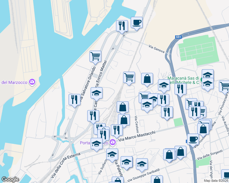map of restaurants, bars, coffee shops, grocery stores, and more near 92 Via delle Cateratte in Livorno