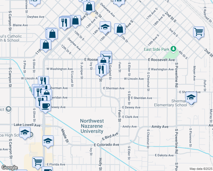map of restaurants, bars, coffee shops, grocery stores, and more near 317 Garland Street in Nampa