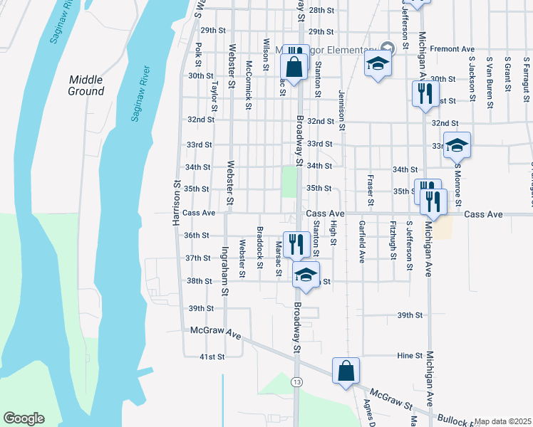 map of restaurants, bars, coffee shops, grocery stores, and more near 713 Cass Avenue in Bay City