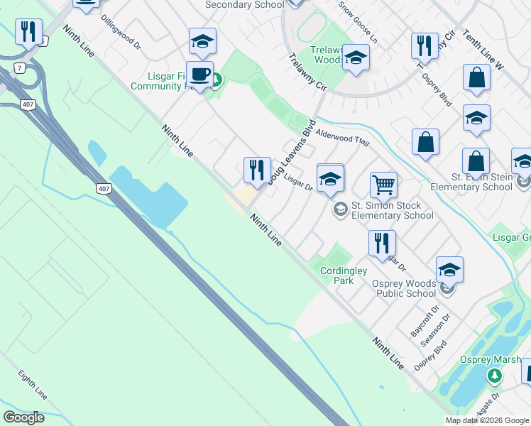 map of restaurants, bars, coffee shops, grocery stores, and more near in Mississauga