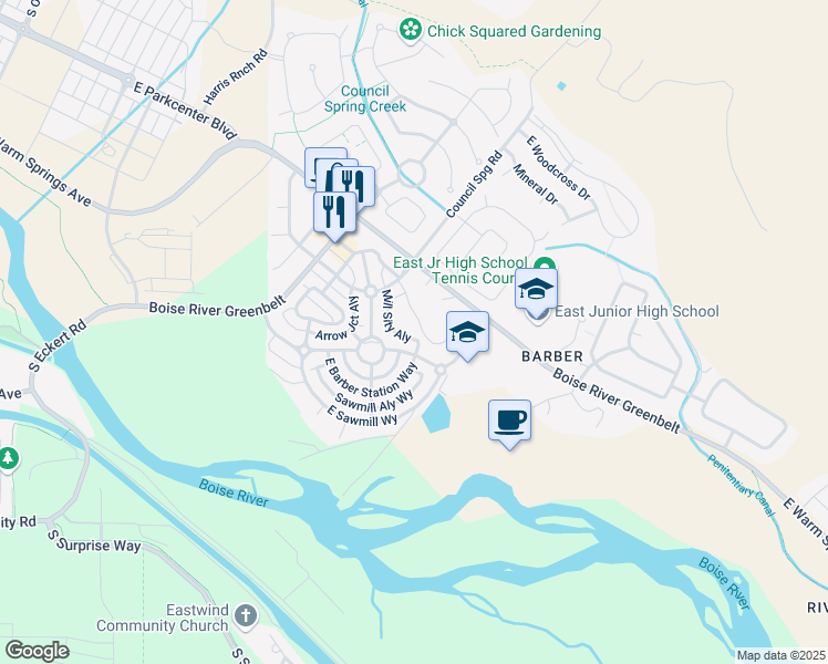 map of restaurants, bars, coffee shops, grocery stores, and more near 3970 South Council Spring Road in Boise