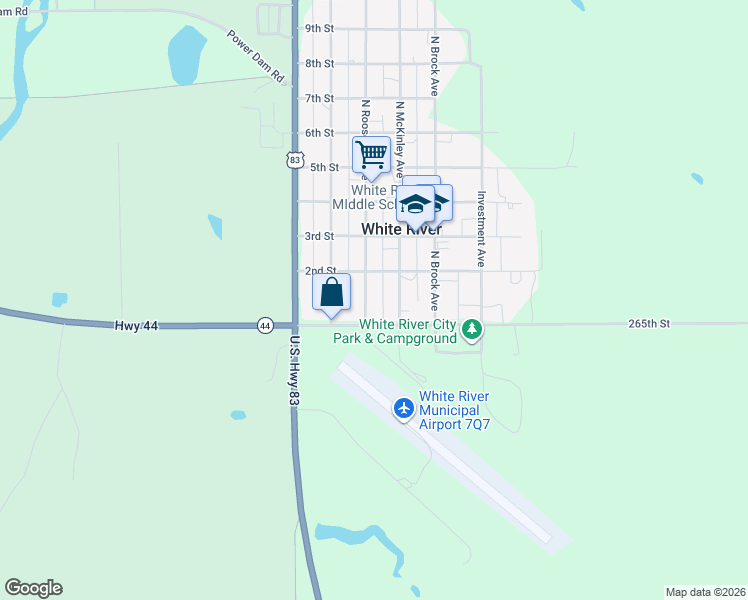 map of restaurants, bars, coffee shops, grocery stores, and more near 114 Roosevelt Street in White River