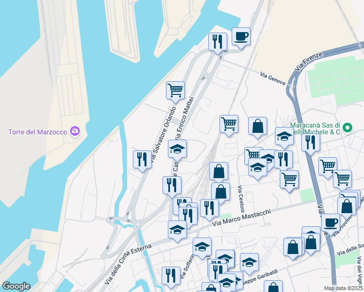 map of restaurants, bars, coffee shops, grocery stores, and more near 90 Via delle Cateratte in Livorno