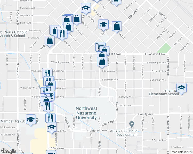 map of restaurants, bars, coffee shops, grocery stores, and more near 319 Holly Street in Nampa