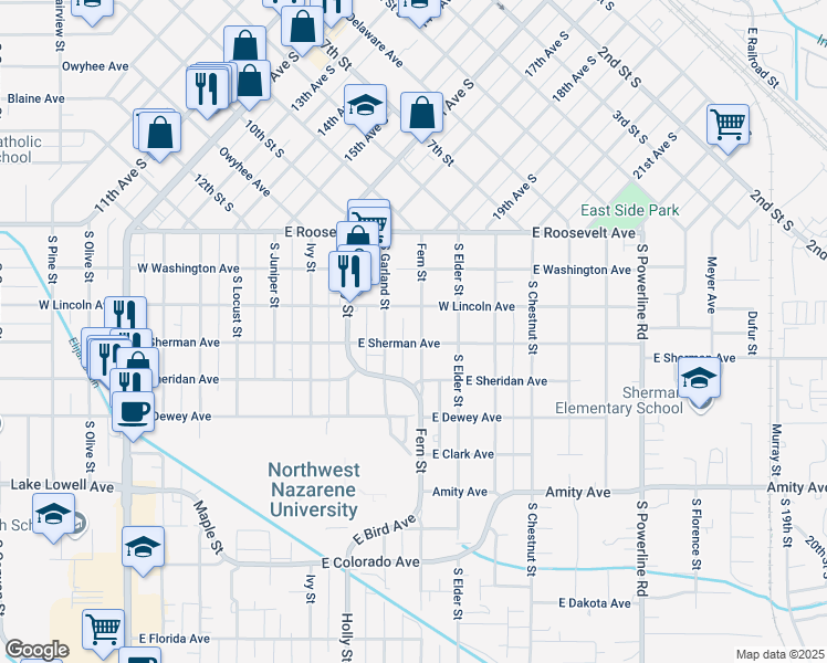 map of restaurants, bars, coffee shops, grocery stores, and more near 319 Fern Street in Nampa