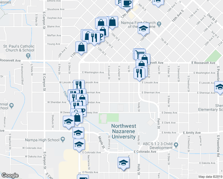map of restaurants, bars, coffee shops, grocery stores, and more near 320 South Locust Street in Nampa