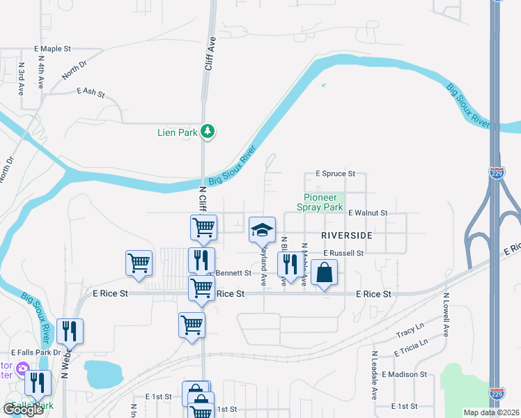 map of restaurants, bars, coffee shops, grocery stores, and more near 1807 North Wayland Avenue in Sioux Falls