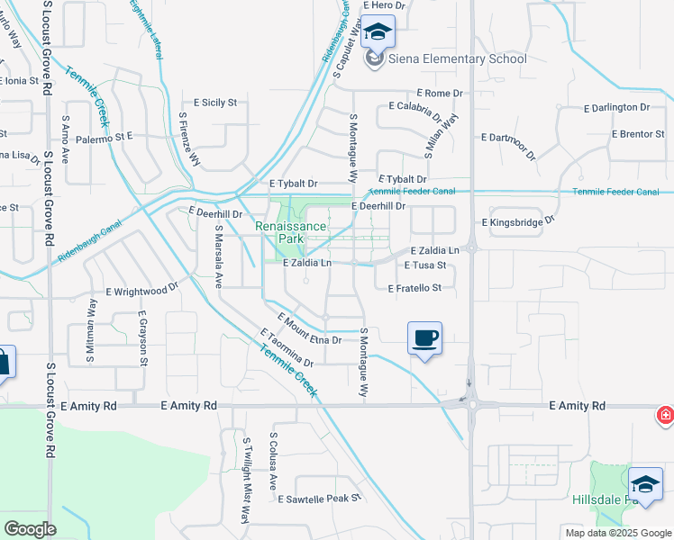 map of restaurants, bars, coffee shops, grocery stores, and more near 4294 South Maesaia Way in Meridian