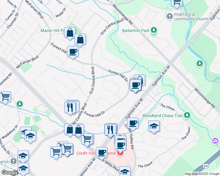 map of restaurants, bars, coffee shops, grocery stores, and more near 5135 Montclair Drive in Mississauga