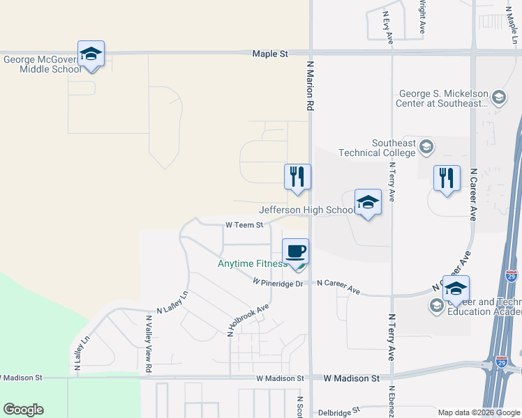map of restaurants, bars, coffee shops, grocery stores, and more near West Teem Street in Sioux Falls