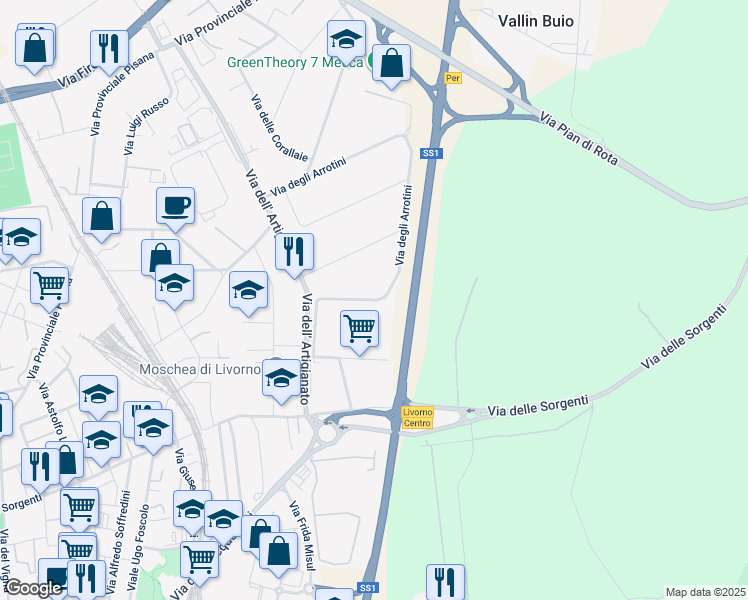 map of restaurants, bars, coffee shops, grocery stores, and more near 36 Via degli Arrotini in Livorno