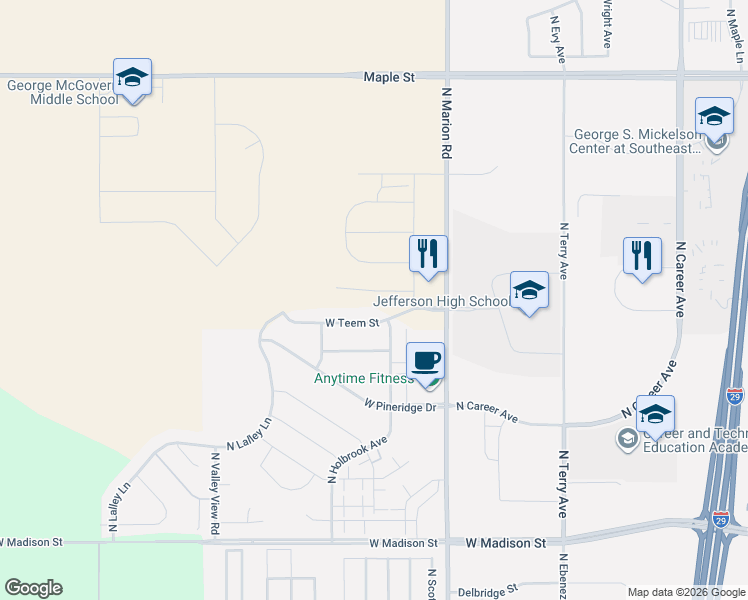 map of restaurants, bars, coffee shops, grocery stores, and more near West Teem Street in Sioux Falls
