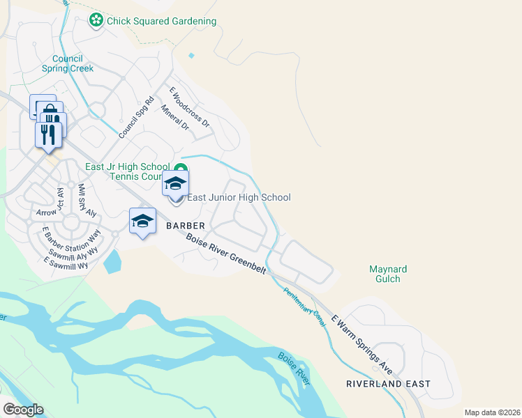 map of restaurants, bars, coffee shops, grocery stores, and more near 6060 East Grand Prairie Drive in Boise