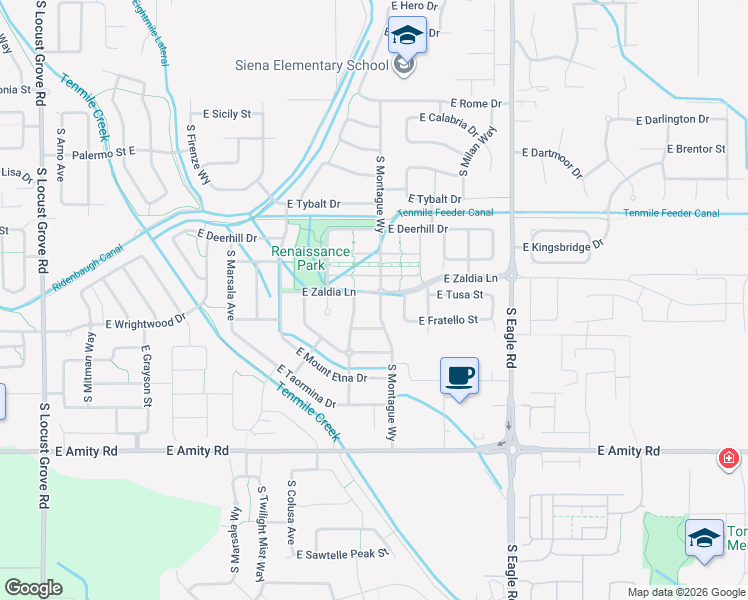 map of restaurants, bars, coffee shops, grocery stores, and more near 4294 South Maesaia Way in Meridian