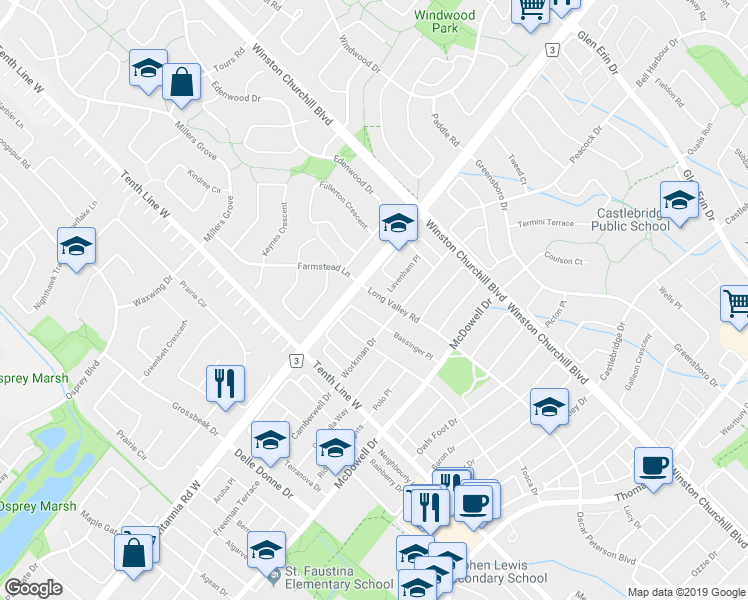 map of restaurants, bars, coffee shops, grocery stores, and more near 5974 Long Valley Road in Mississauga