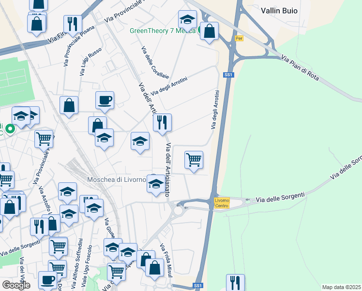 map of restaurants, bars, coffee shops, grocery stores, and more near 11 Via degli Arrotini in Livorno