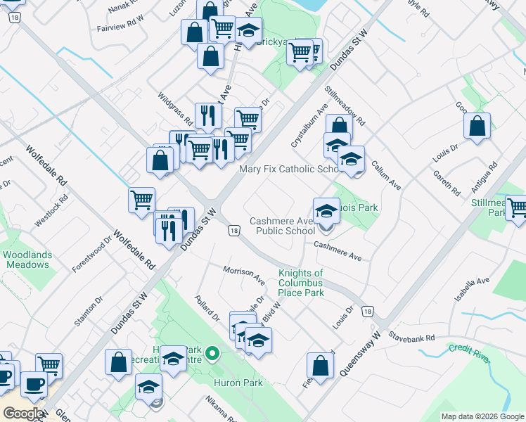 map of restaurants, bars, coffee shops, grocery stores, and more near 2554 Palisander Avenue in Mississauga