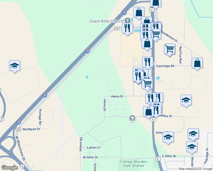 map of restaurants, bars, coffee shops, grocery stores, and more near 2834 Northridge Drive in Portage