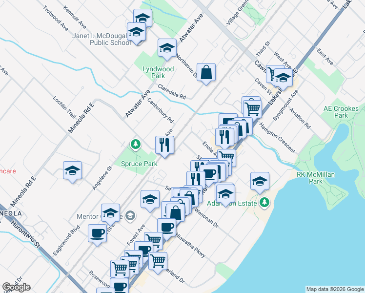 map of restaurants, bars, coffee shops, grocery stores, and more near 1098 Shaw Drive in Mississauga