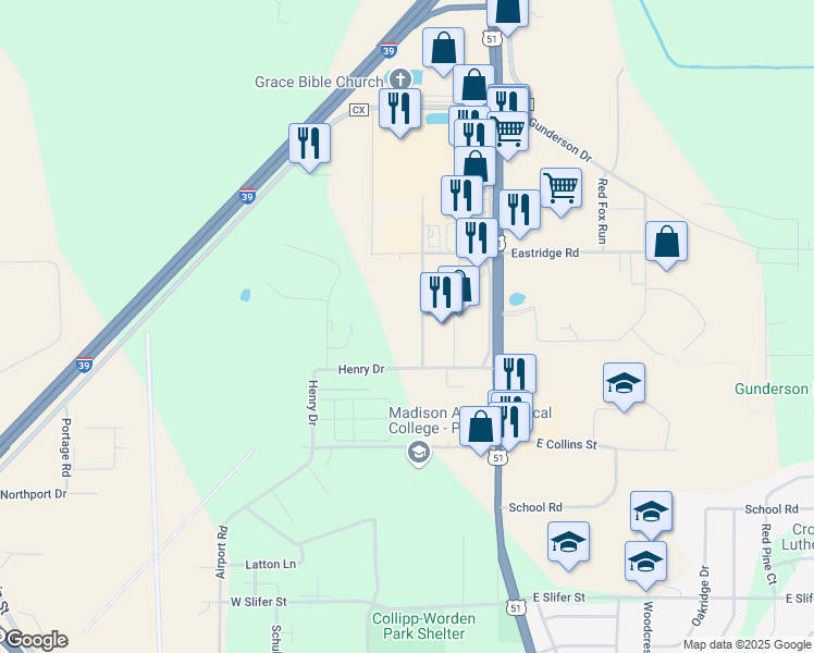 map of restaurants, bars, coffee shops, grocery stores, and more near 2842 Village Road in Portage