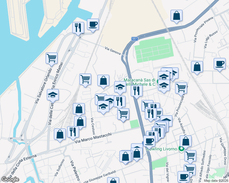 map of restaurants, bars, coffee shops, grocery stores, and more near 37 Via Fratelli Bandiera in Livorno