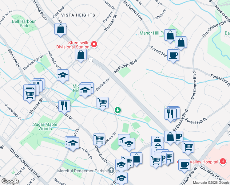 map of restaurants, bars, coffee shops, grocery stores, and more near in Mississauga