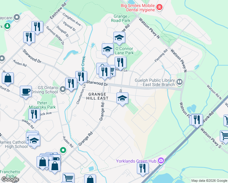 map of restaurants, bars, coffee shops, grocery stores, and more near 175 Silurian Drive in Guelph