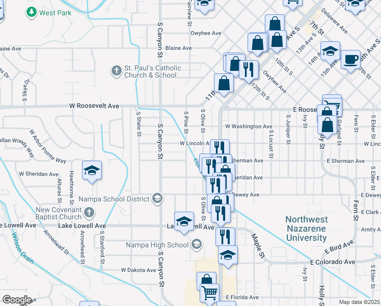 map of restaurants, bars, coffee shops, grocery stores, and more near 320 S Pine St in Nampa