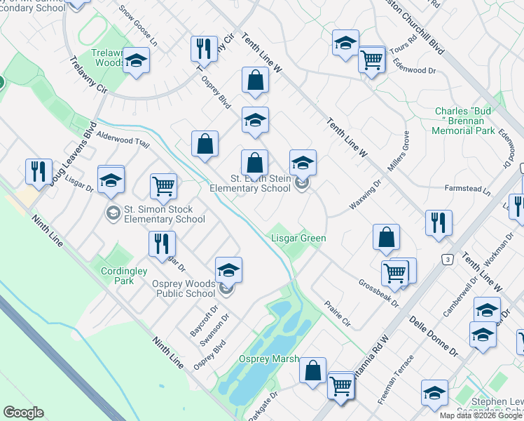 map of restaurants, bars, coffee shops, grocery stores, and more near 3422 Nighthawk Trail in Mississauga