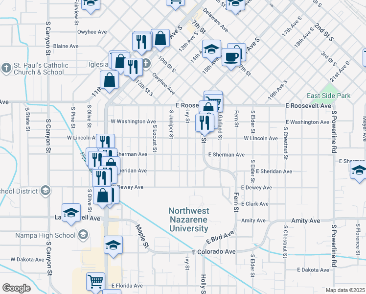 map of restaurants, bars, coffee shops, grocery stores, and more near 315 Ivy Street in Nampa