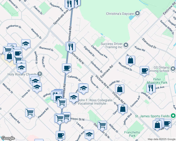 map of restaurants, bars, coffee shops, grocery stores, and more near 202 Victoria Road North in Guelph