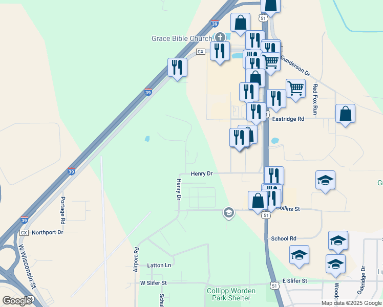 map of restaurants, bars, coffee shops, grocery stores, and more near 2834 Northridge Drive in Portage