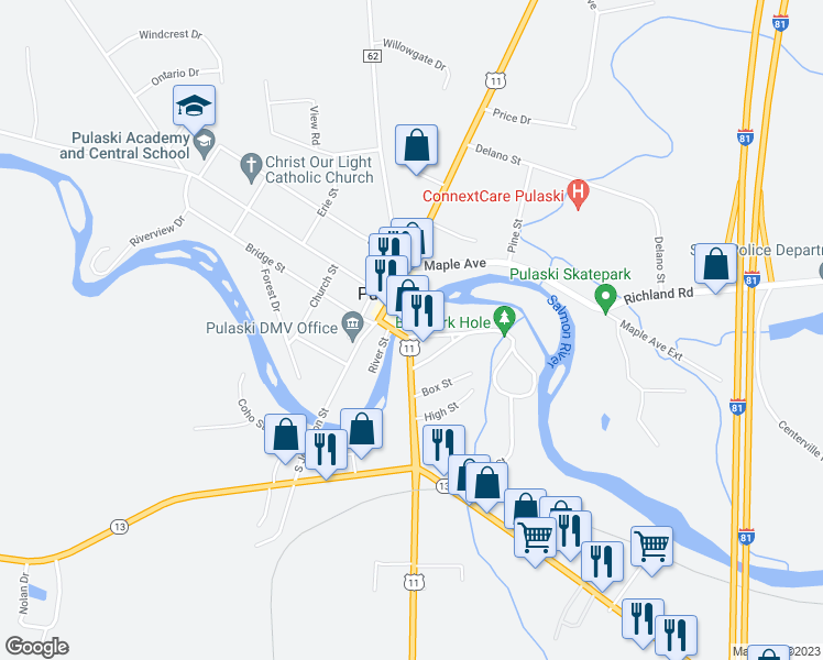 map of restaurants, bars, coffee shops, grocery stores, and more near 4822 Salina Street in Pulaski
