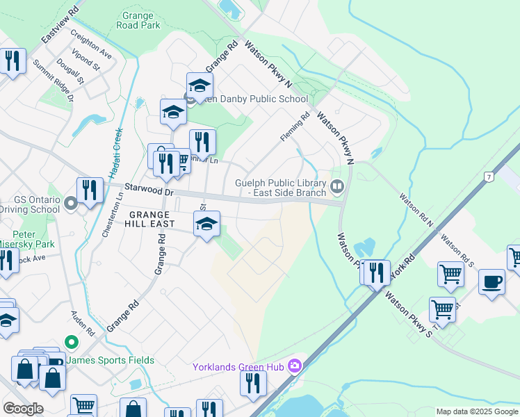 map of restaurants, bars, coffee shops, grocery stores, and more near 154 Starwood Drive in Guelph