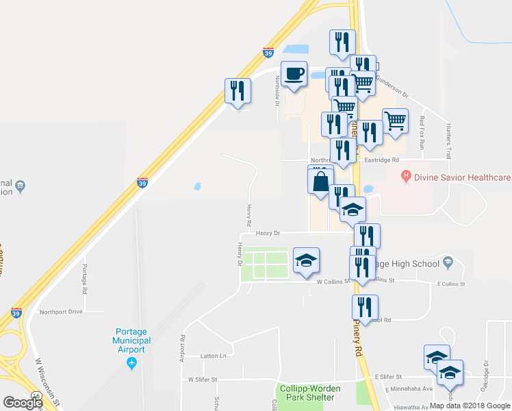 map of restaurants, bars, coffee shops, grocery stores, and more near 2835 Northridge Drive in Portage