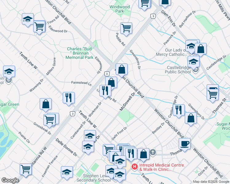 map of restaurants, bars, coffee shops, grocery stores, and more near 3162 Caulfield Crescent in Mississauga