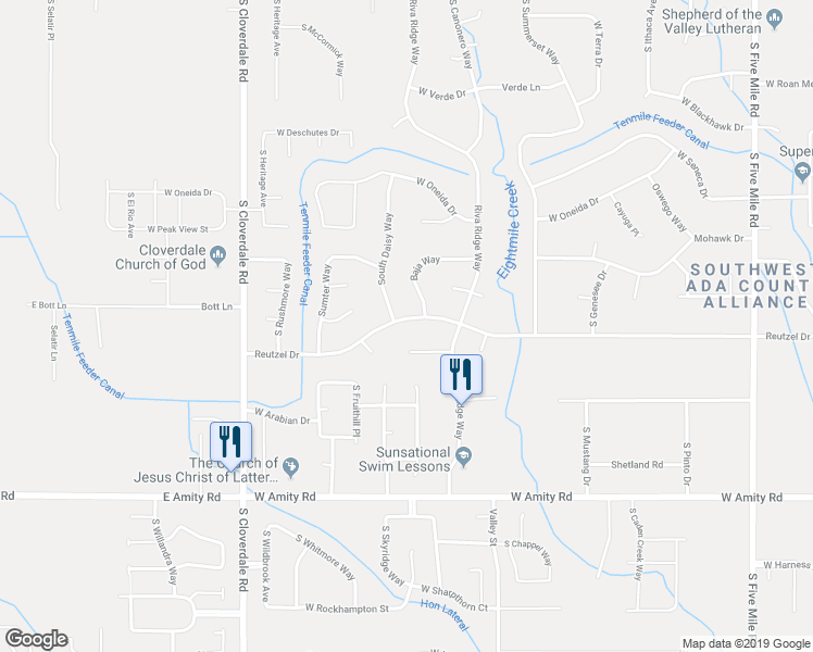 map of restaurants, bars, coffee shops, grocery stores, and more near 11725 Reutzel Drive in Boise