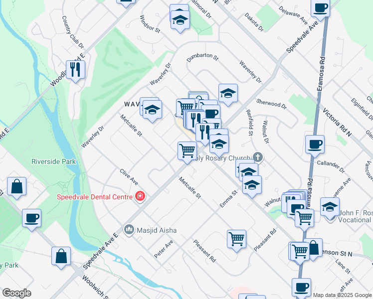 map of restaurants, bars, coffee shops, grocery stores, and more near 47 Gladstone Avenue in Guelph