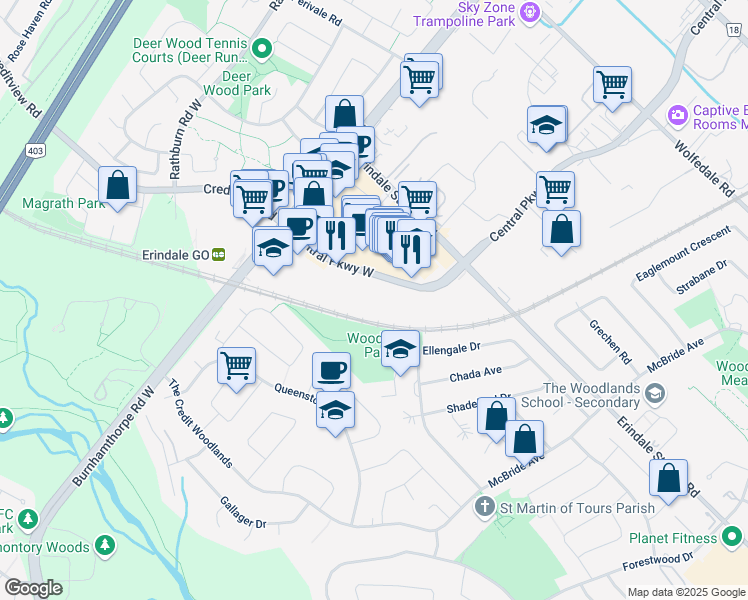 map of restaurants, bars, coffee shops, grocery stores, and more near in Mississauga