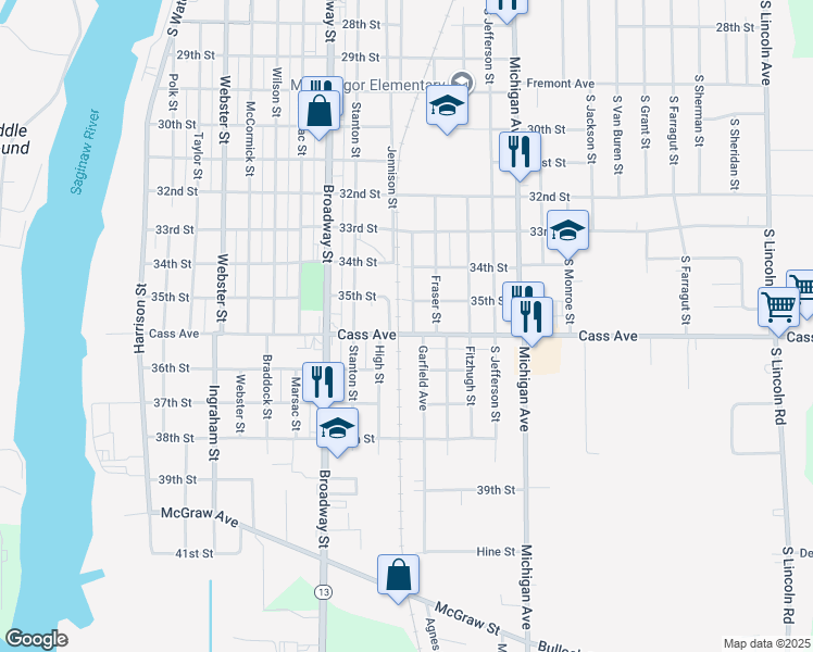 map of restaurants, bars, coffee shops, grocery stores, and more near 1101 Cass Avenue in Bay City