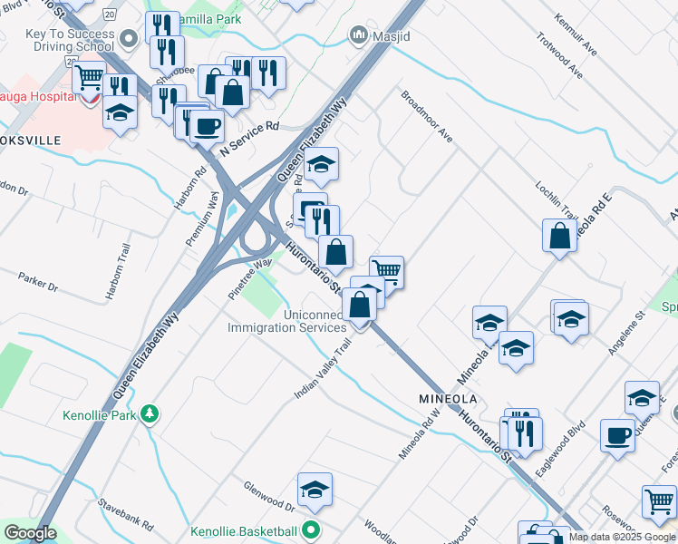 map of restaurants, bars, coffee shops, grocery stores, and more near 1541 Hurontario Street in Mississauga