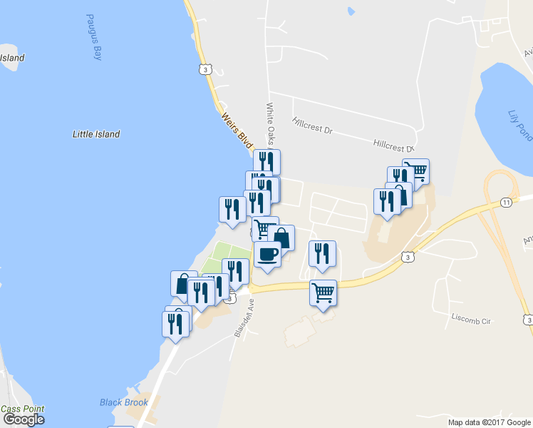 map of restaurants, bars, coffee shops, grocery stores, and more near 89 Lake Street in Laconia