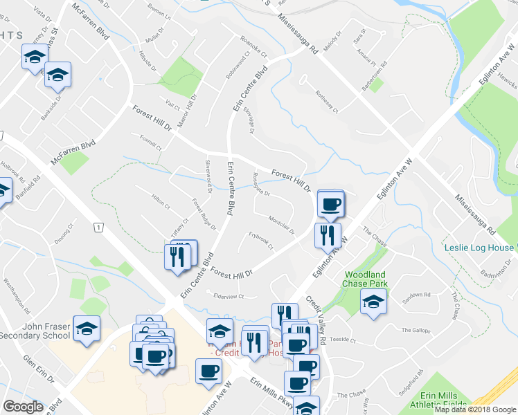 map of restaurants, bars, coffee shops, grocery stores, and more near 5135 Montclair Drive in Mississauga
