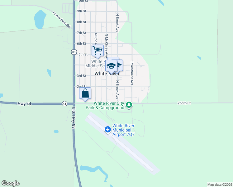 map of restaurants, bars, coffee shops, grocery stores, and more near 107 Brock Street in White River