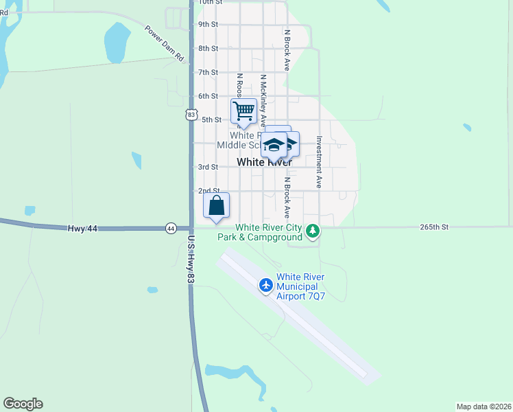 map of restaurants, bars, coffee shops, grocery stores, and more near 114 Roosevelt Street in White River