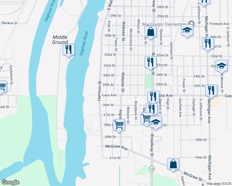 map of restaurants, bars, coffee shops, grocery stores, and more near 1214 Taylor Street in Bay City