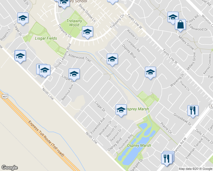map of restaurants, bars, coffee shops, grocery stores, and more near 3657 Forest Bluff Crescent in Mississauga